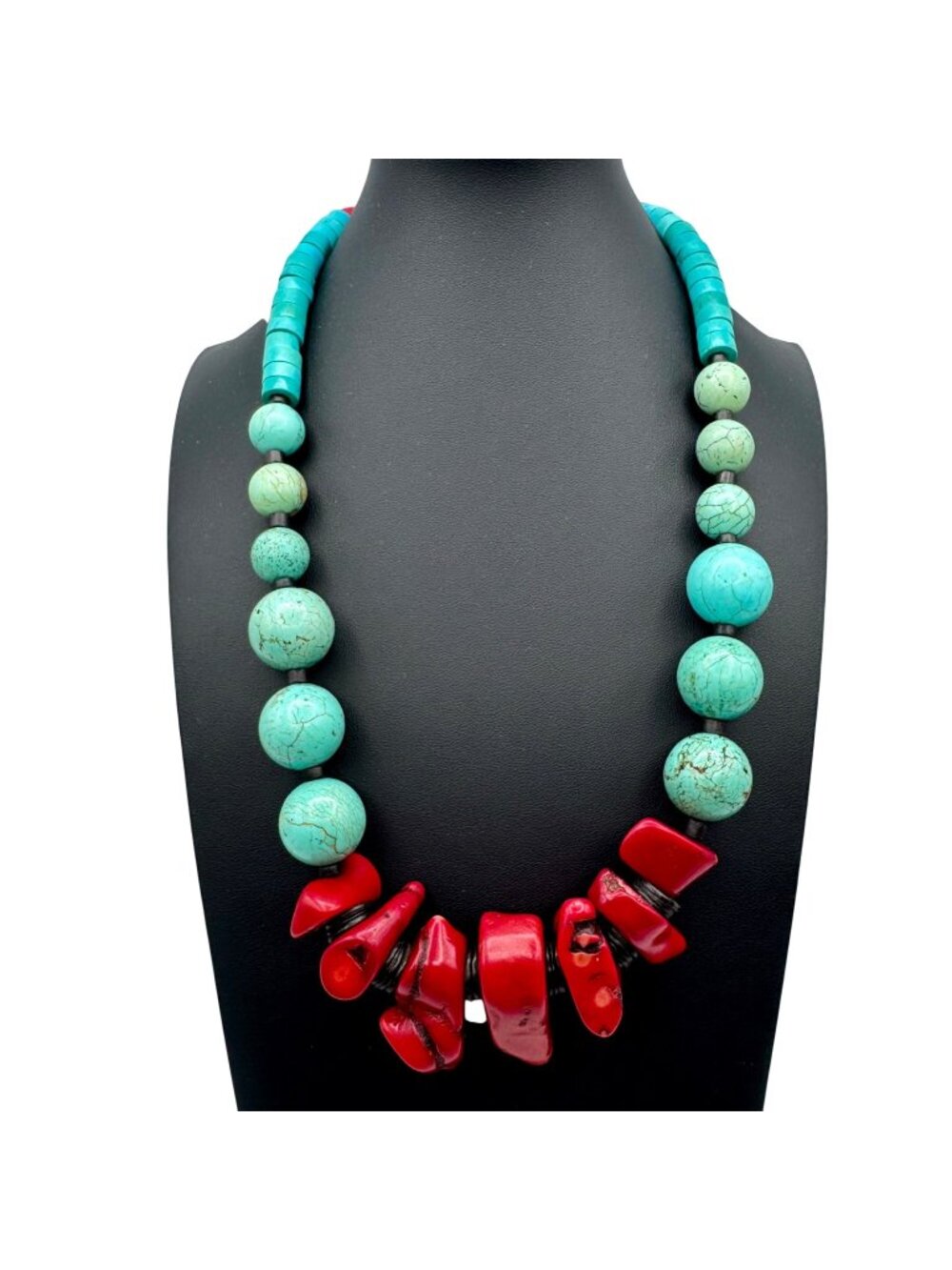 Vintage Chunky Turquoise Coral Statement Necklace 208g Southwest BOHO 23"